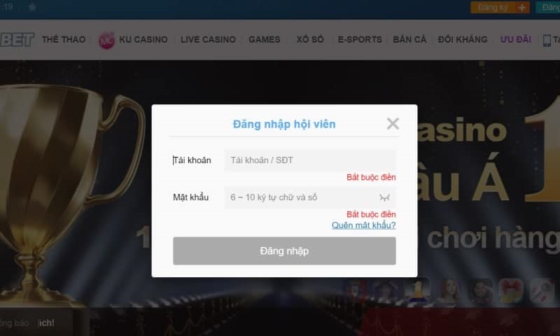 Lỗi đăng nhập Ku casino do thông tin không chính xác